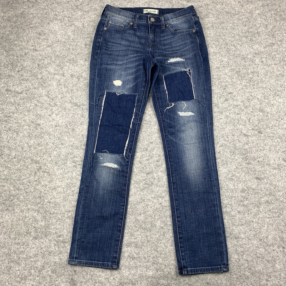 Madewell Slim Boyjean Distressed Patched Denim Jeans Blue B7426 Size 24